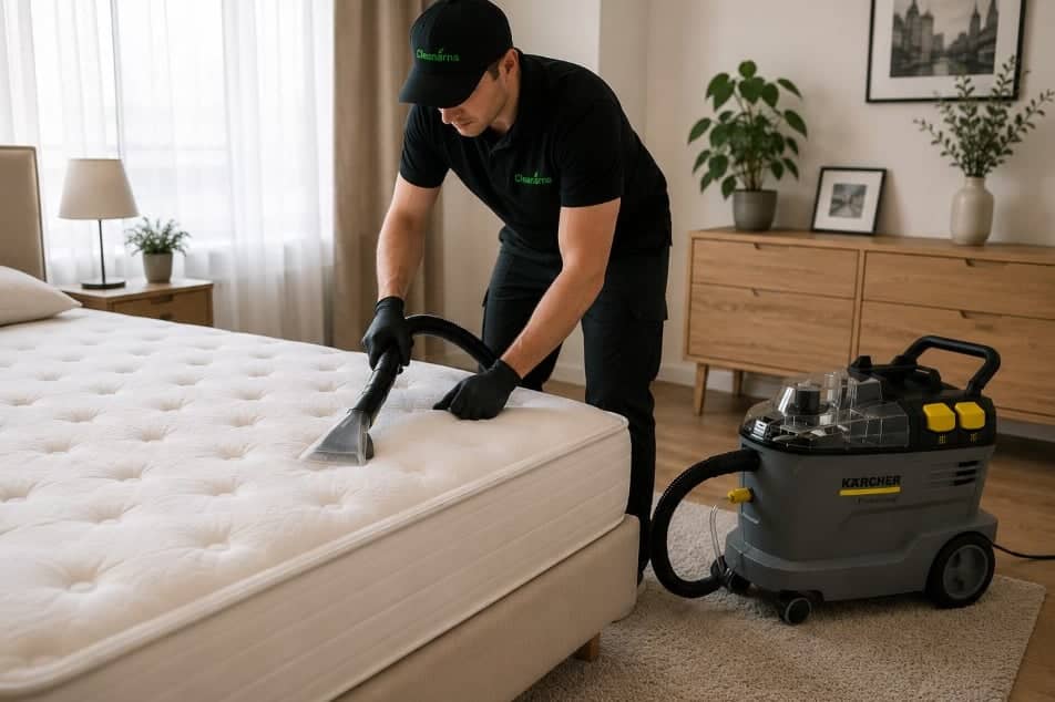 Profesionální extrakční čištění matrace technikem Cleanárna v ložnici v Praze.