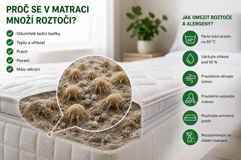 Infografika: proč se v matraci množí roztoči — kůže, teplo, vlhkost, prach, pocení a málo větrání — a jak je omezit.