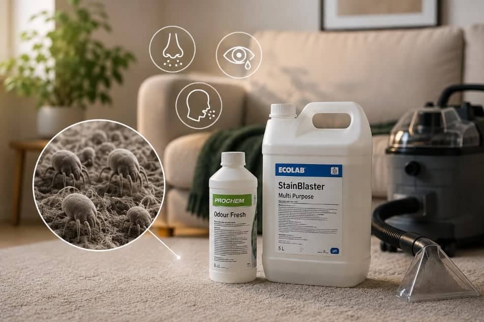 Profesionální chemie Prochem a Ecolab s extraktorem — alergeny v textilu a příznaky alergie.
